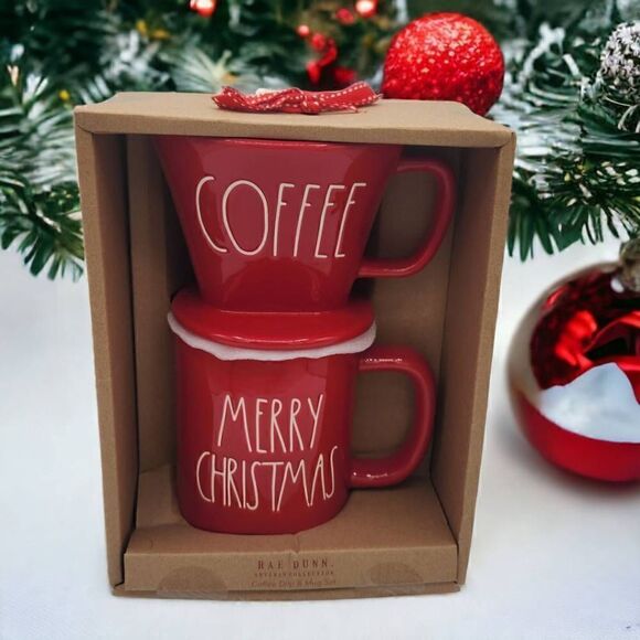 Rae Dunn Red MERRY CHRISTMAS coffee drip and mug set - Picture 1 of 3